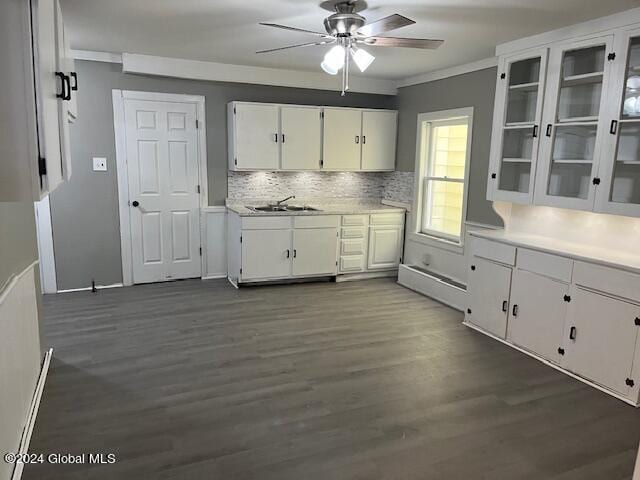 kitchen with crown molding, dark hardwood / wood-style flooring, and white cabinets