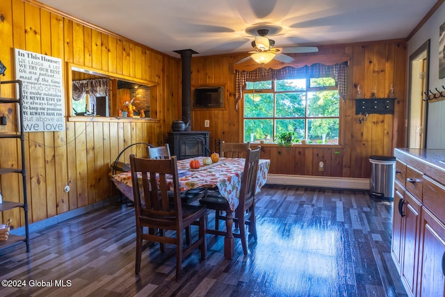 dining space with a wood stove, a baseboard radiator, dark hardwood / wood-style flooring, and wood walls