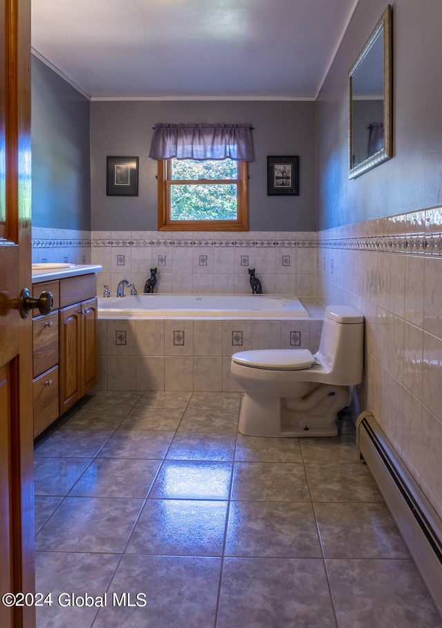 bathroom with a baseboard heating unit, toilet, tile patterned flooring, tiled tub, and vanity