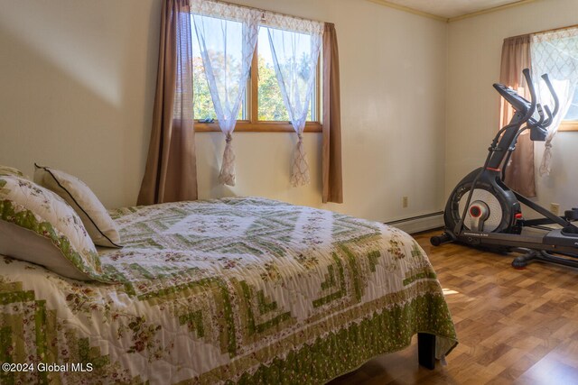 bedroom featuring hardwood / wood-style floors and a baseboard radiator