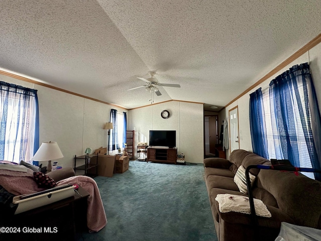 carpeted living room featuring ceiling fan, a textured ceiling, vaulted ceiling, and ornamental molding