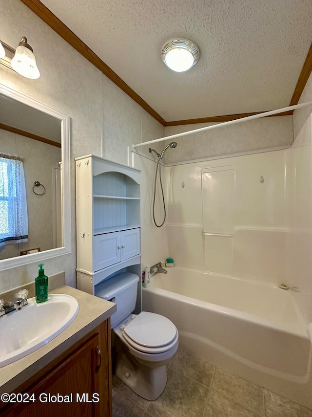 full bathroom featuring toilet, a textured ceiling, shower / bathing tub combination, ornamental molding, and vanity