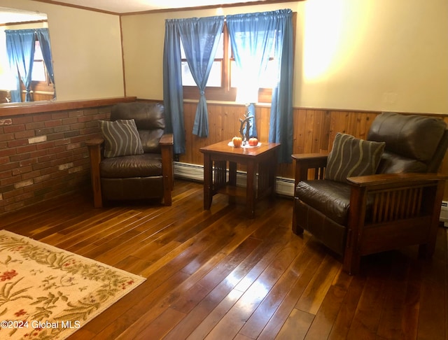 living area with dark wood-type flooring, wood walls, and a baseboard radiator