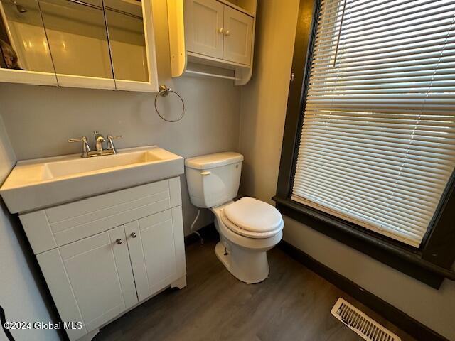 bathroom with vanity, wood-type flooring, and toilet