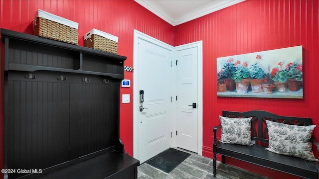 mudroom with hardwood / wood-style flooring and ornamental molding