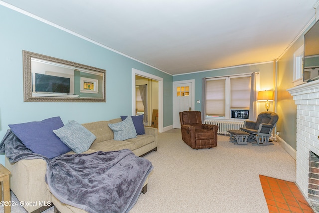 carpeted living room with a fireplace, radiator heating unit, and ornamental molding