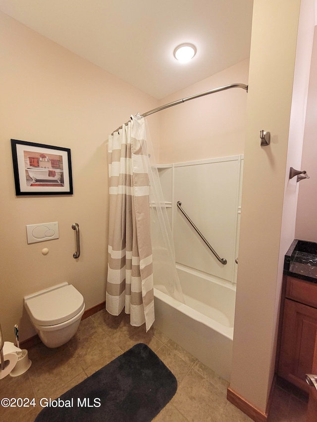 full bathroom with tile patterned flooring, shower / bathtub combination with curtain, vanity, and toilet