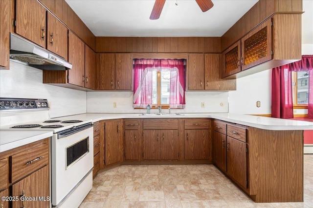 kitchen with sink, baseboard heating, white range with electric stovetop, tasteful backsplash, and kitchen peninsula