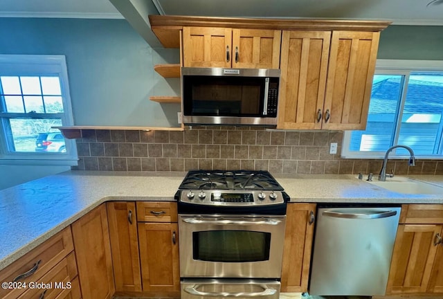 kitchen featuring sink, crown molding, stainless steel appliances, tasteful backsplash, and light stone counters