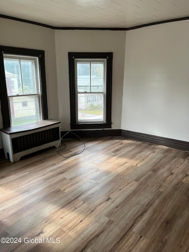 unfurnished room featuring ornamental molding, light wood-type flooring, and radiator