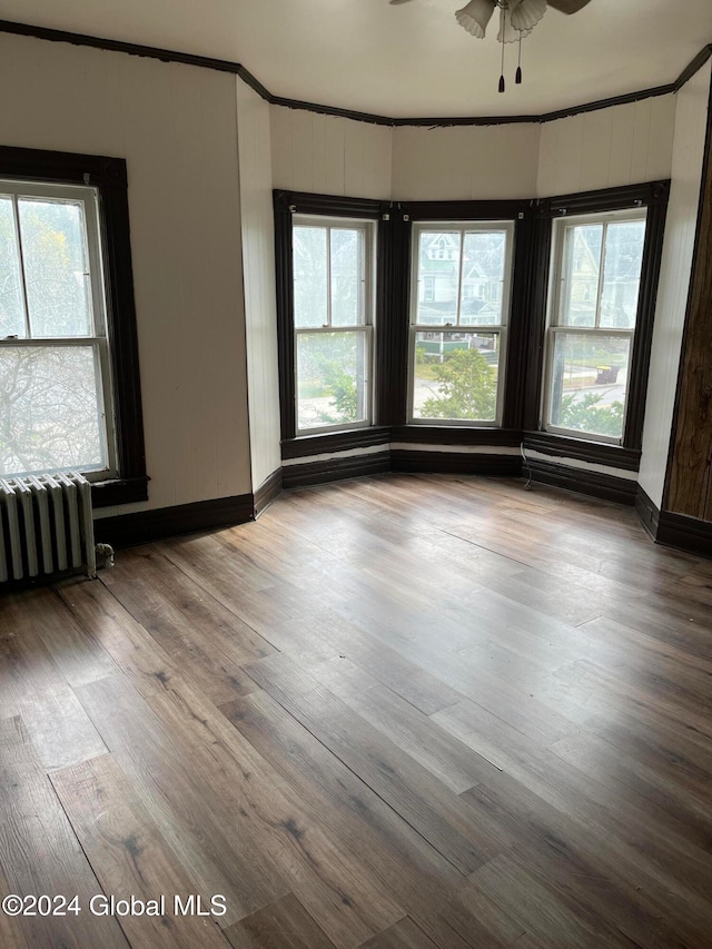 empty room with ceiling fan, plenty of natural light, radiator, and wood-type flooring