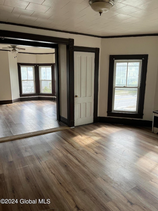 unfurnished room featuring wood-type flooring, crown molding, a wealth of natural light, and ceiling fan