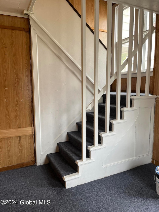 stairs featuring wood walls and carpet flooring