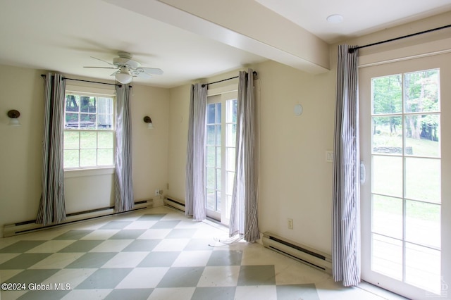 doorway to outside with ceiling fan, a healthy amount of sunlight, and a baseboard radiator