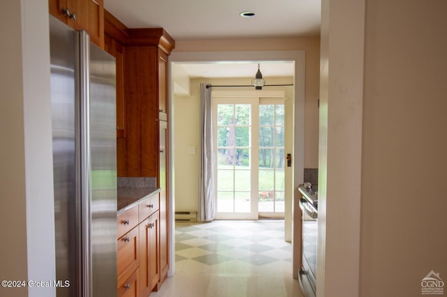 doorway with a baseboard heating unit