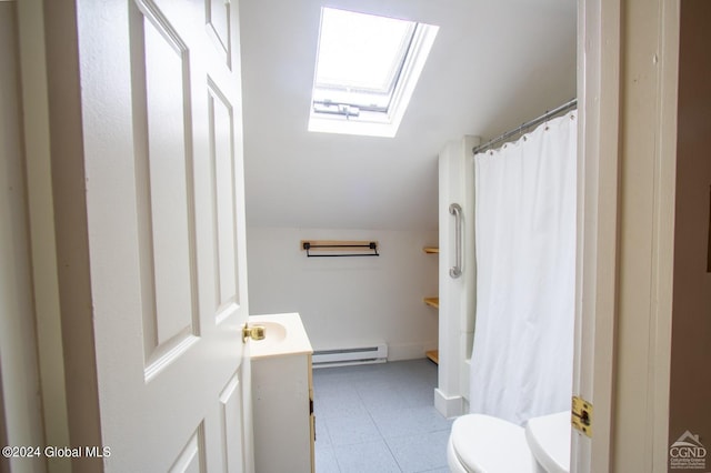 bathroom with walk in shower, lofted ceiling with skylight, a baseboard radiator, and toilet