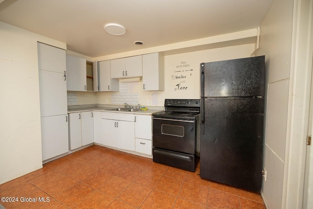 kitchen with backsplash, white cabinetry, sink, and black appliances