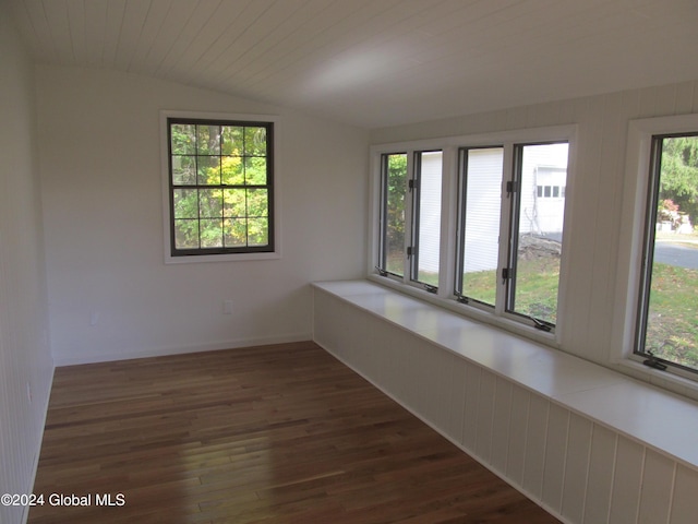 empty room with vaulted ceiling, a wealth of natural light, wood finished floors, and baseboards