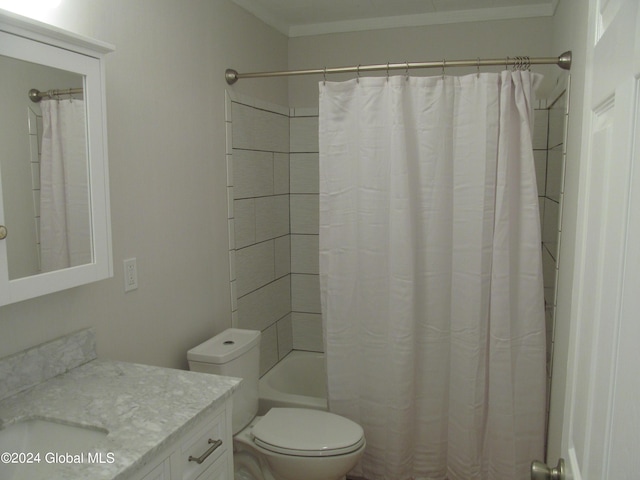 bathroom featuring shower / bath combination with curtain, toilet, ornamental molding, and vanity