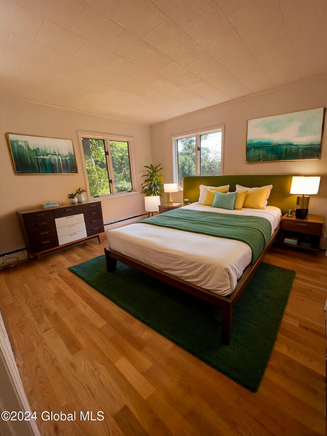 bedroom featuring multiple windows, hardwood / wood-style floors, and a baseboard radiator