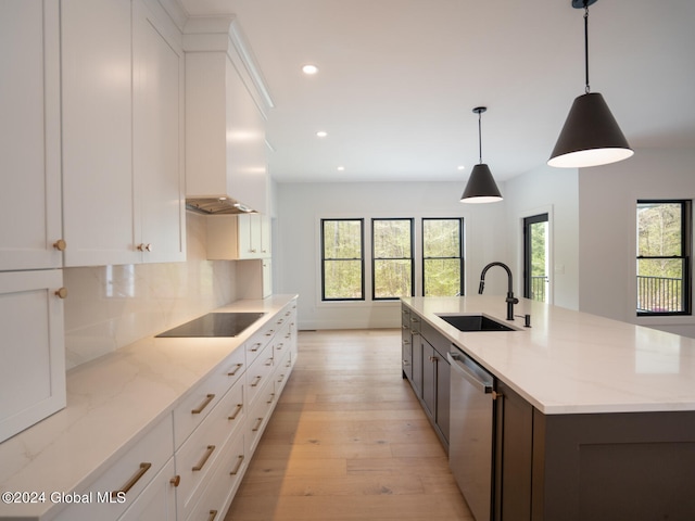 kitchen with stainless steel dishwasher, sink, white cabinets, and black electric cooktop