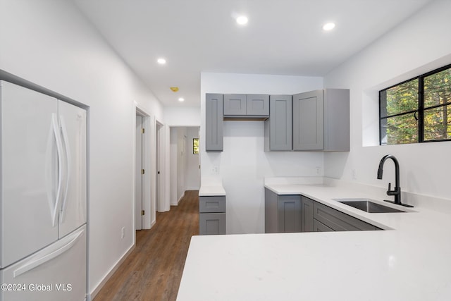 kitchen featuring dark hardwood / wood-style flooring, white refrigerator, gray cabinetry, and sink