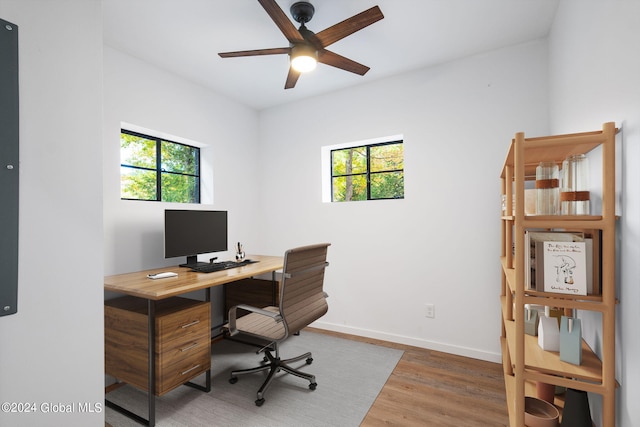 office space featuring ceiling fan and hardwood / wood-style floors