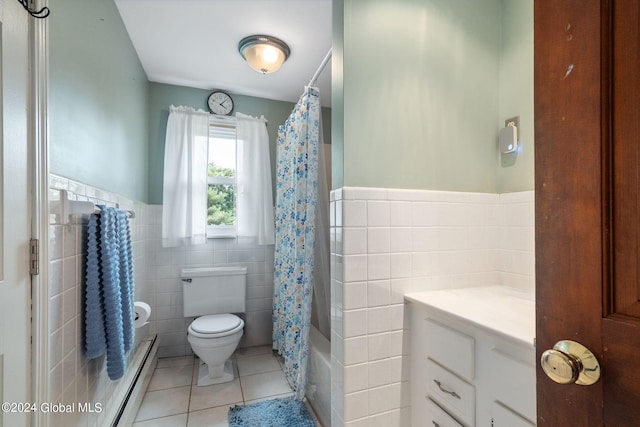 bathroom featuring tile walls, a baseboard heating unit, a shower with shower curtain, and toilet