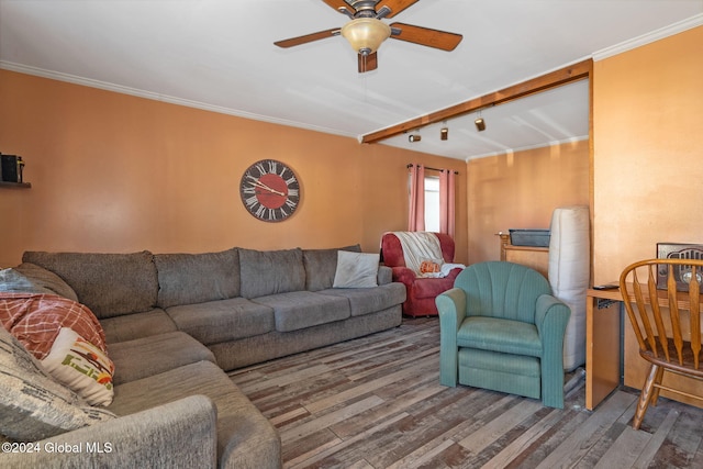 living room with ceiling fan, crown molding, and wood-type flooring