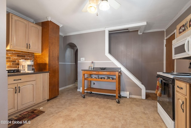 kitchen with ornamental molding, light tile patterned flooring, light brown cabinetry, white appliances, and ceiling fan