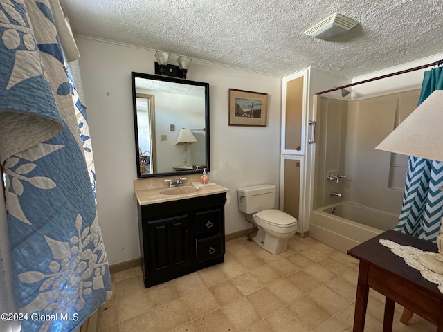 full bathroom featuring toilet, shower / bath combination with curtain, ornamental molding, vanity, and a textured ceiling