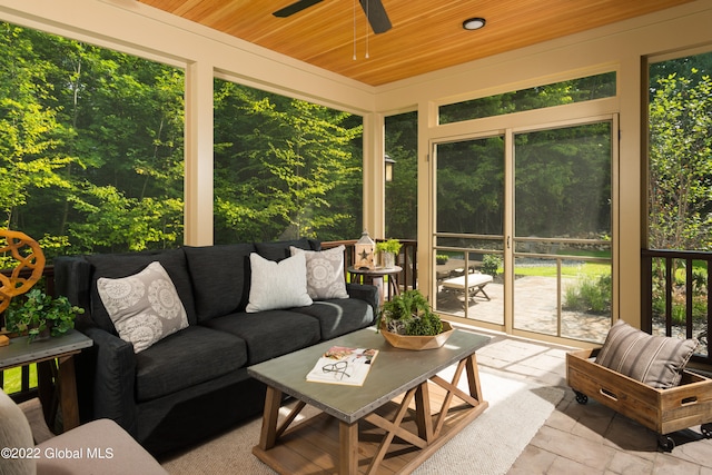 sunroom / solarium with ceiling fan and wood ceiling