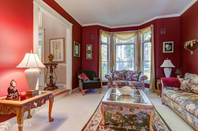 carpeted living room featuring ornamental molding