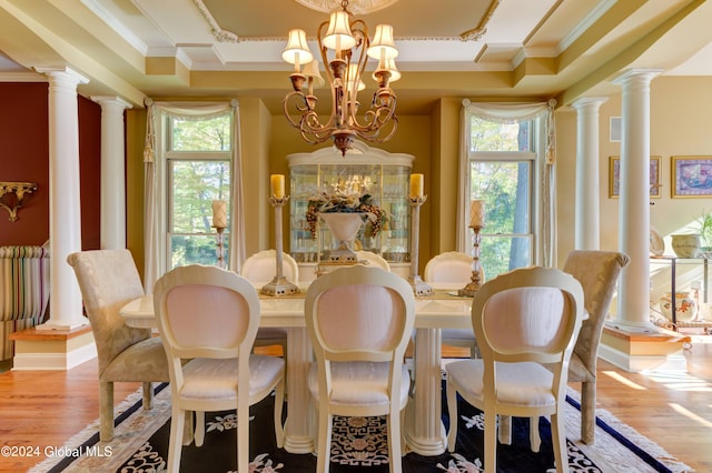 dining area with a healthy amount of sunlight, a chandelier, and light wood-type flooring