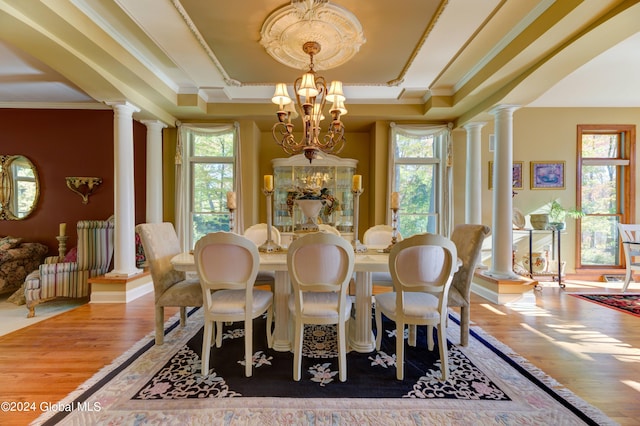 dining area with an inviting chandelier, hardwood / wood-style flooring, a tray ceiling, and a wealth of natural light