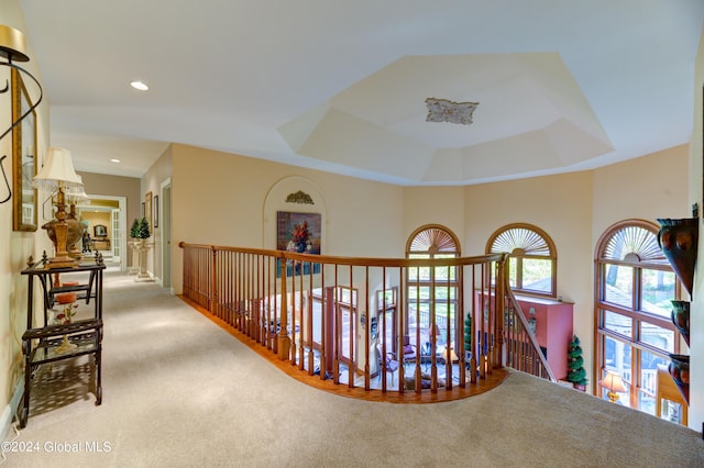 hallway featuring carpet floors and a raised ceiling