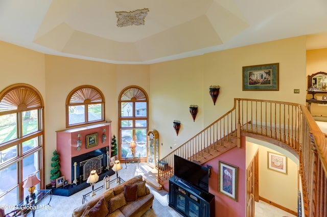 living room featuring a high ceiling and a raised ceiling