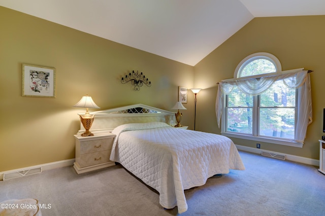 bedroom featuring carpet flooring and lofted ceiling