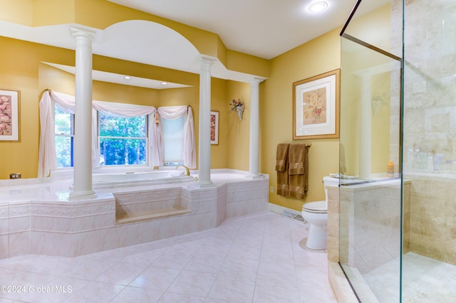 bathroom with ornate columns, toilet, separate shower and tub, and tile patterned flooring