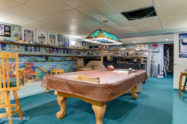 recreation room with a drop ceiling, pool table, and carpet floors