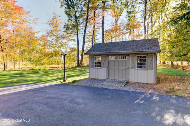 view of outdoor structure with a lawn