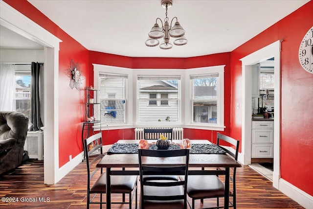 dining room with radiator heating unit, a chandelier, dark hardwood / wood-style floors, and a wealth of natural light