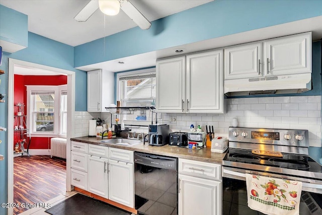 kitchen featuring white cabinets, radiator, black dishwasher, and electric range