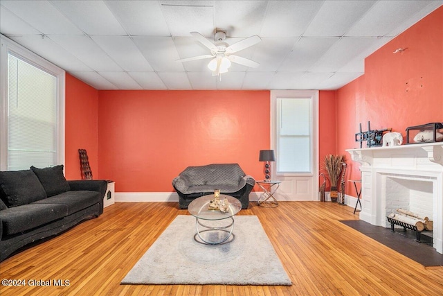 living room featuring a paneled ceiling, hardwood / wood-style flooring, and ceiling fan