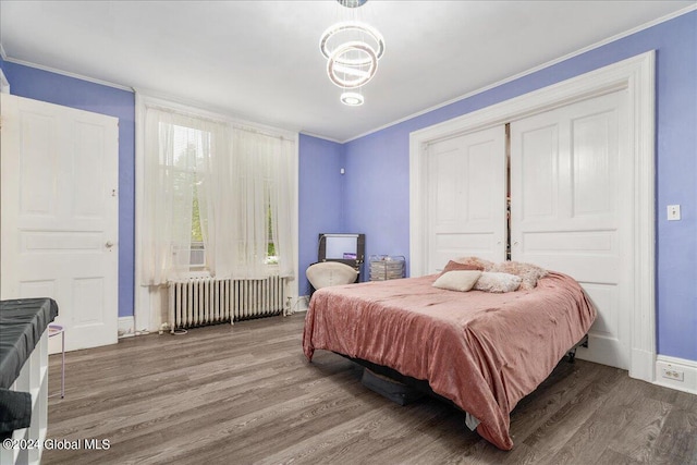 bedroom featuring dark hardwood / wood-style floors, radiator heating unit, and ornamental molding