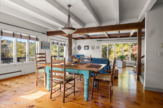 dining area with light hardwood / wood-style floors, beam ceiling, wooden walls, and a baseboard radiator