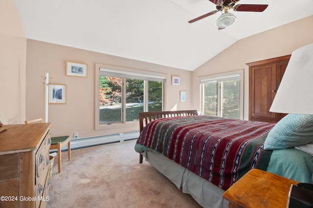 bedroom with a baseboard radiator, ceiling fan, lofted ceiling, and light colored carpet