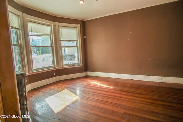 empty room featuring hardwood / wood-style flooring and ornamental molding