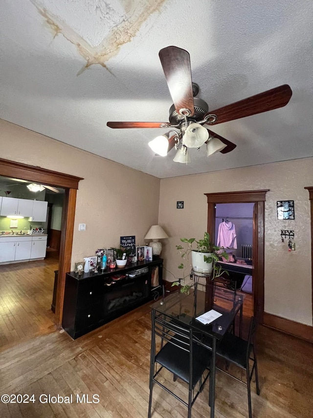 dining area featuring ceiling fan, hardwood / wood-style flooring, and a textured ceiling