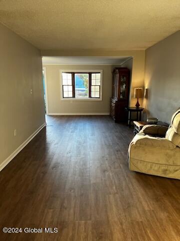 unfurnished living room featuring a textured ceiling and dark hardwood / wood-style floors